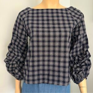 J.O.A.‎ Cotton cropped puff sleeve navy white plaid top NWOT size small